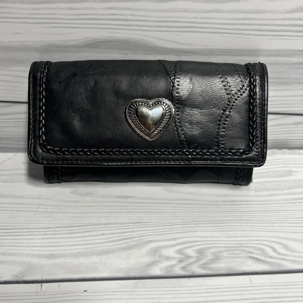 Vintage Brighton Black Heart Accent Tri-Fold Wallet Credit Card Folding Women